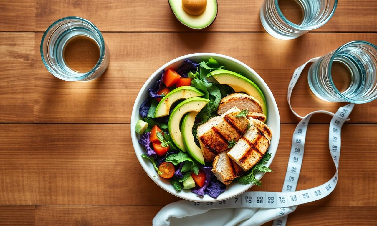 Healthy bowl with grilled chicken, vegetables and avocado on a wooden table