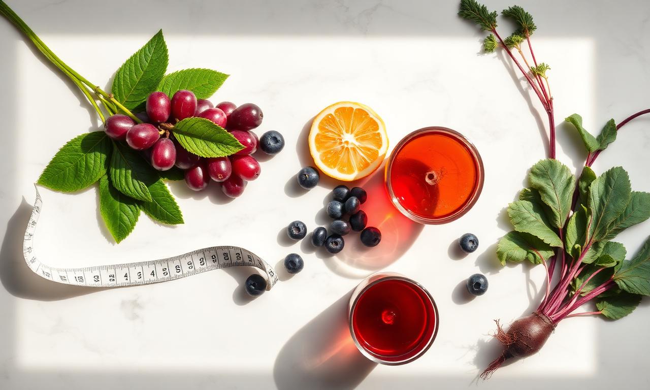 Measuring tape, green tea leaves, red grapes, blueberries, citrus and beet root on a marble surface