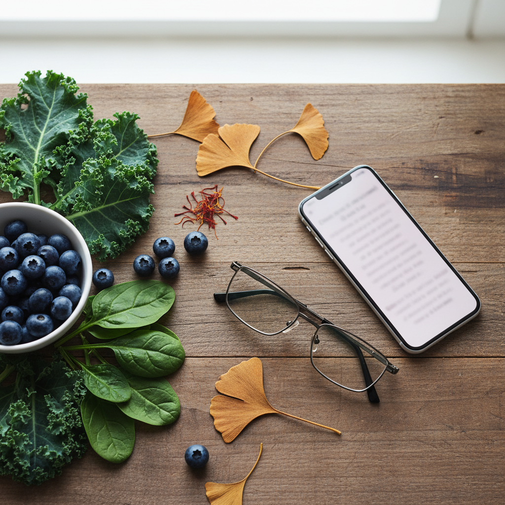 Reading glasses, blueberries, leafy greens and ginkgo leaves arranged on a wooden table