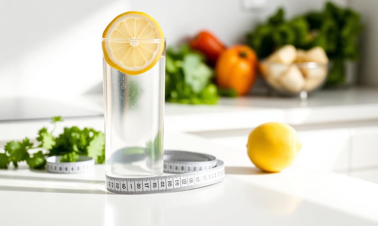 Glass of water with lemon next to a measuring tape and fresh vegetables