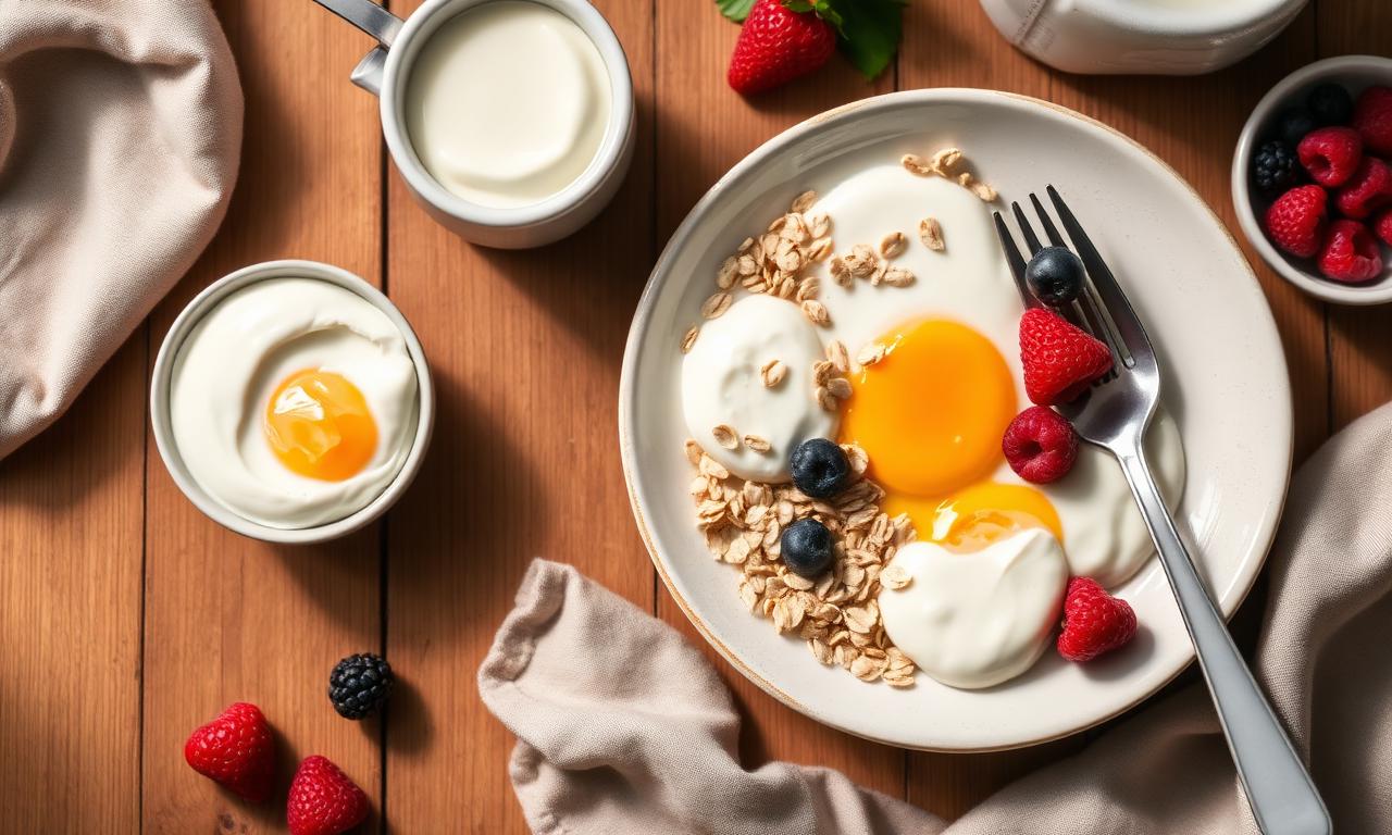 Plate of eggs, oats, berries and Greek yogurt on a wooden table