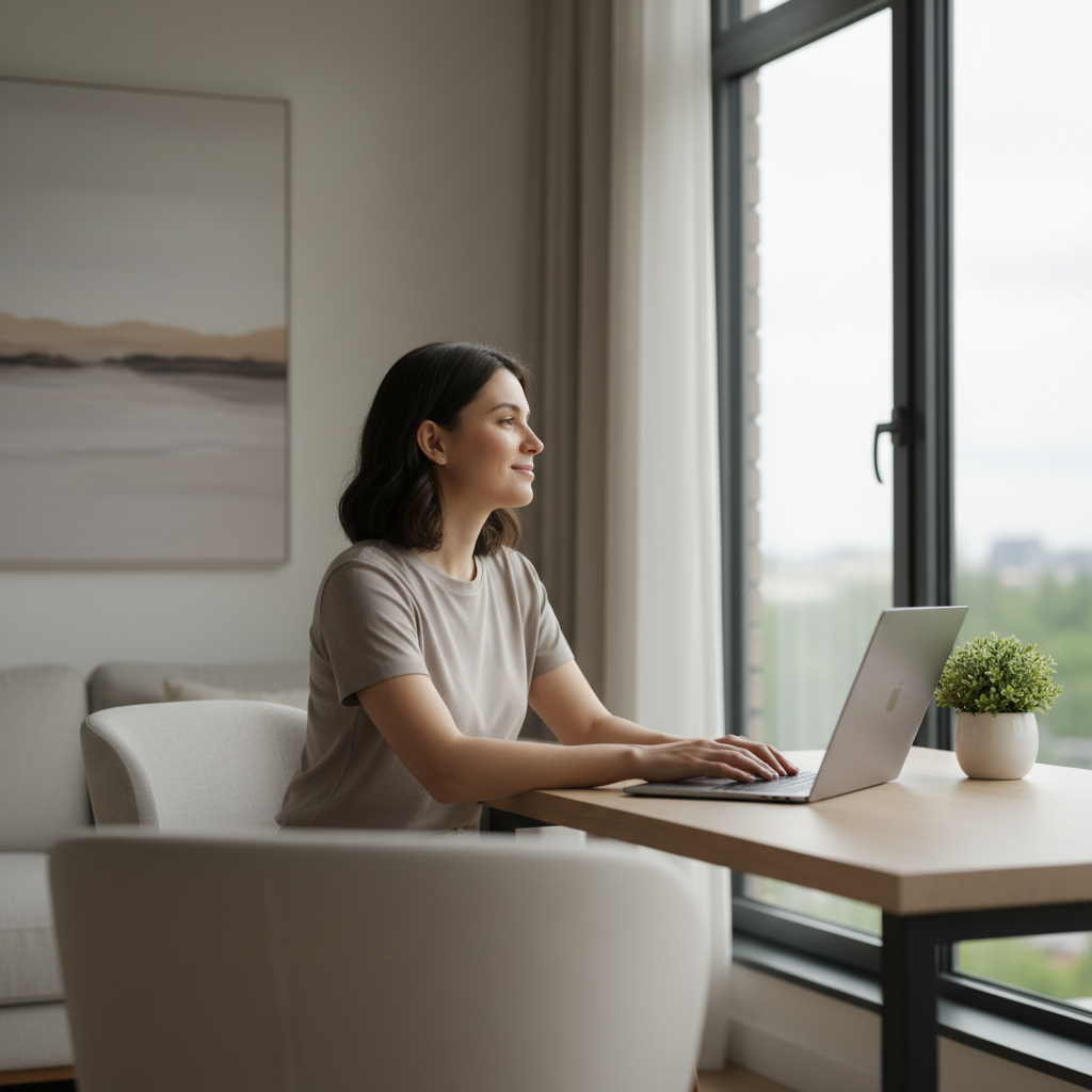 Person taking a relaxed break from a laptop, looking out a window in a minimalist home office