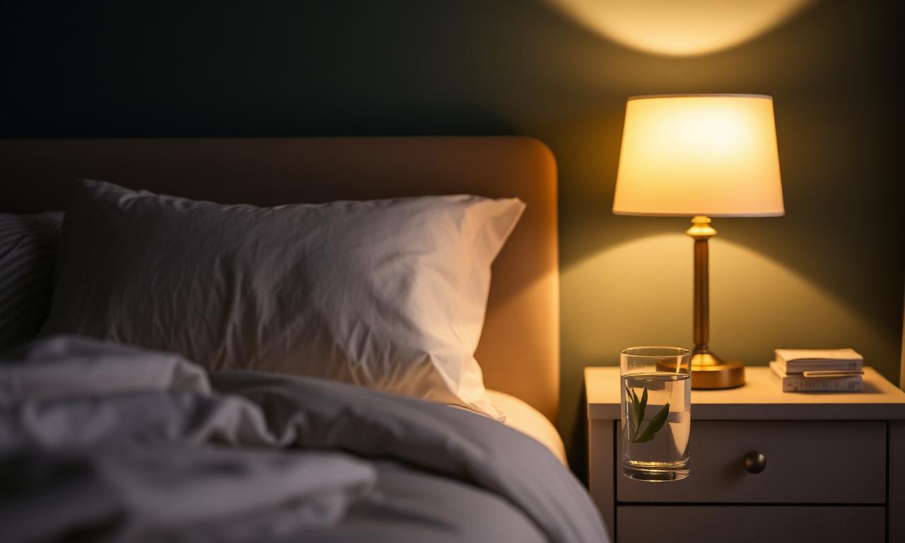 Cozy bedroom at night with warm lamp light and a glass of water on the nightstand
