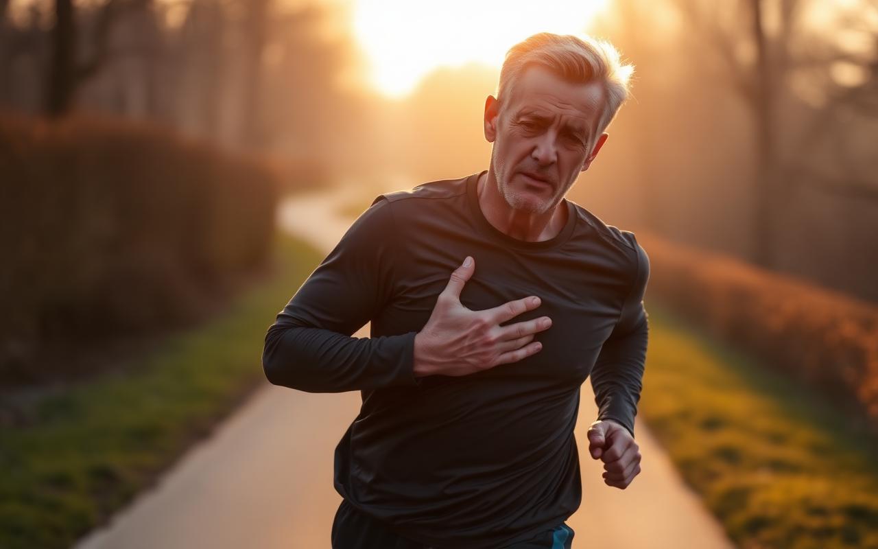 Adult man lacing running shoes on a park trail at sunrise