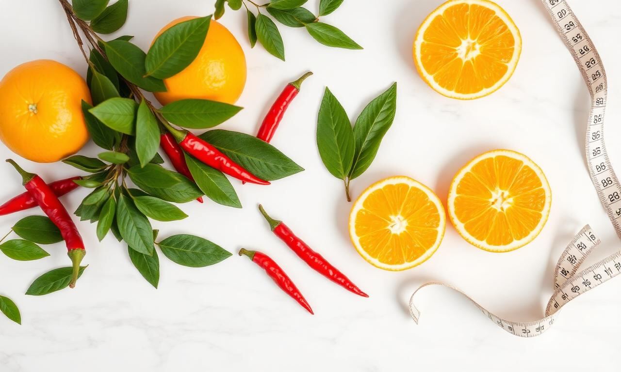 Oranges, green tea leaves and red chili peppers on a marble surface