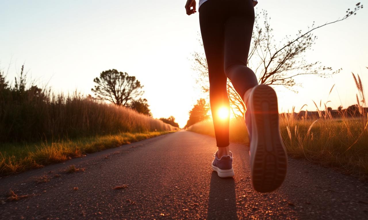 Person walking outdoors at sunrise on a quiet path